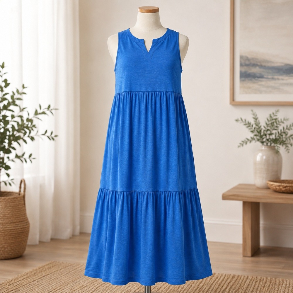 Denim & Co. Maxi Dress Womens XSP Blue Sleeveless Tiered Smocked Knit